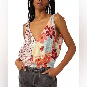 Free People Size M Tied To You Tank in Tropical Combo Shoulder Ties Elastic Hem
